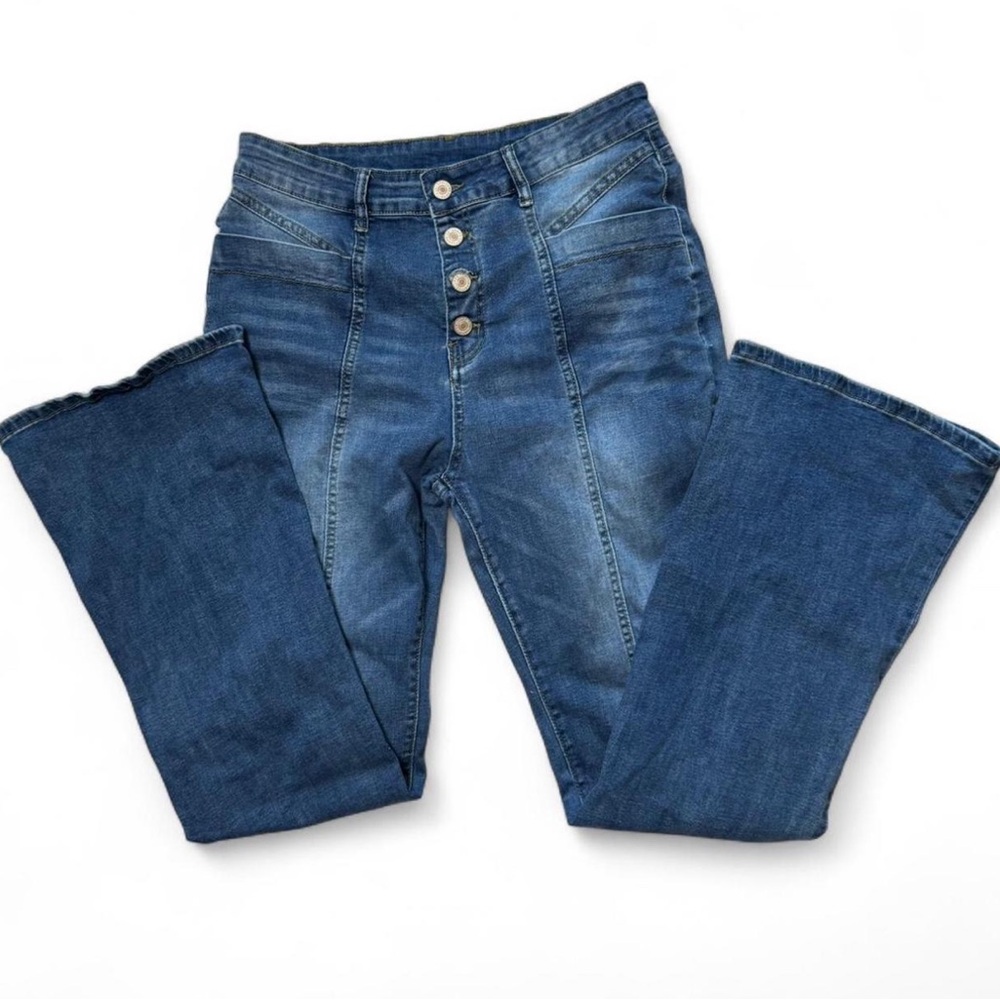 Blue High-Waisted Button-Fly Jeans Flared Bootcut